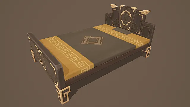 卡通风格中式古典纹案床具3D模型