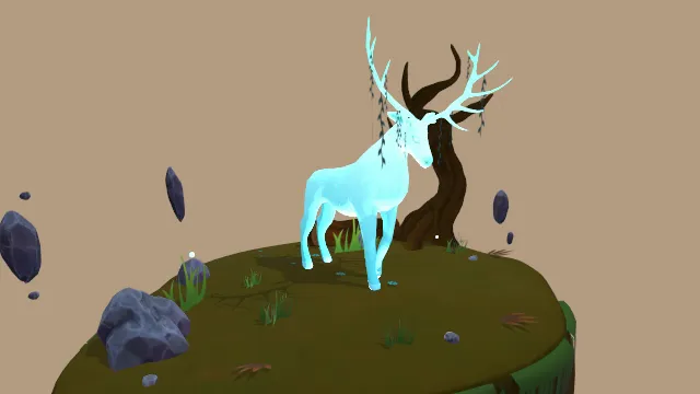 卡通风格幽灵鹿动物麋鹿森林场景小岛