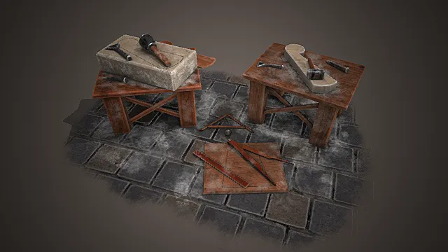 中世纪工匠风格石匠工作台场景模型