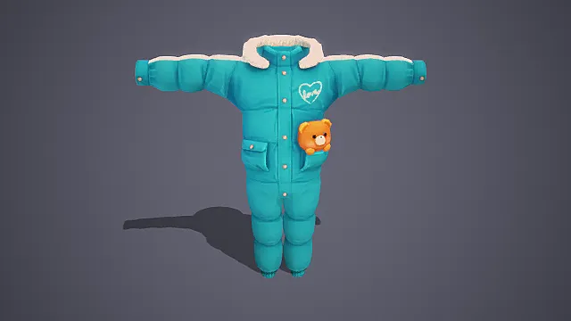 可爱风格蓝绿色连体棉服3D模型，带毛绒领与口袋装饰