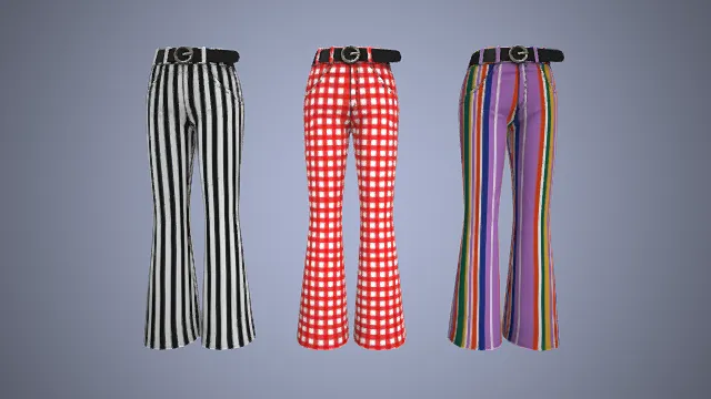 喇叭裤  腰带装饰  卡通风  多纹理印花