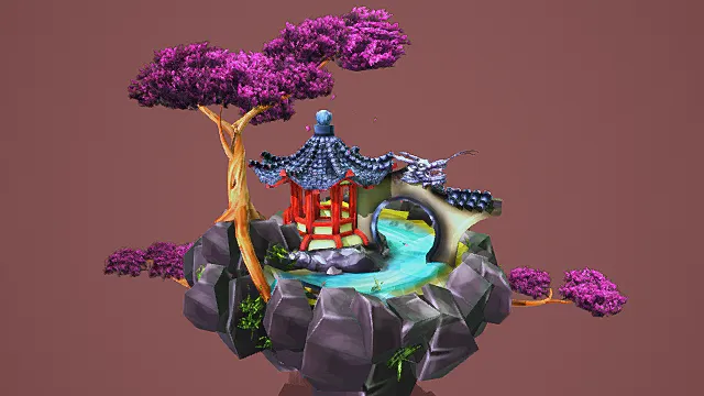 奇幻风格3D中式园林场景模型，创意设计（奇幻中式园林、3D模型、紫色树木、中式建筑、蓝色流水、独特造型）