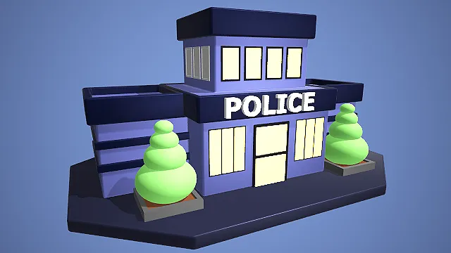 卡通风格警察局建筑 3D 低多边形城市场景装饰模型