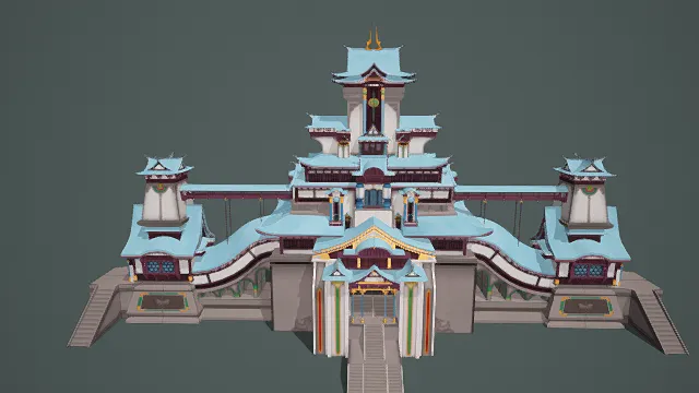 3D卡通风格蓝白棕系古风建筑模型，创意设计（3D建筑、卡通风格、中式古风风，建筑设计主题）