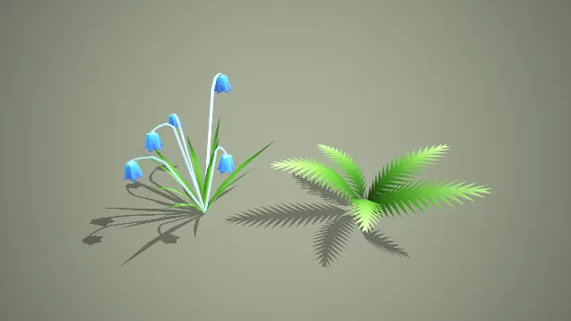 卡通风格低模蓝铃花与蕨类植物 3D 模型套装 场景装饰款
