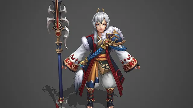 卡通 Q 版银发雪原猛将金纹重戟 3D 游戏角色模型