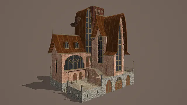 奇幻复古风红砖曲线屋顶庄园3D模型