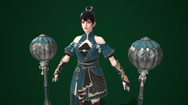 国风  游戏女角色  双锤  鎏金纹饰  高髻造型  侠女风格  中式典雅