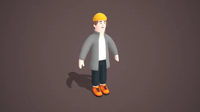 卡通日常风男性角色 3D 模型（灰外套黄帽款）.glb
