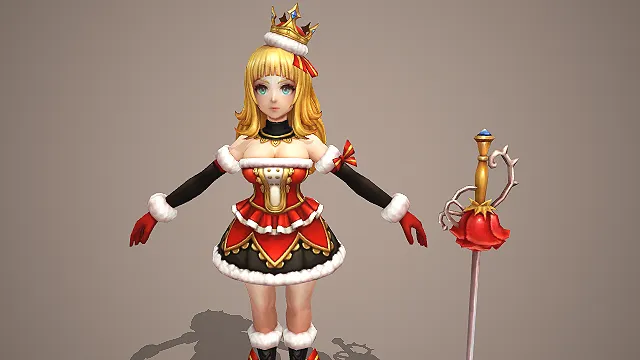 卡通 Q 版圣诞风公主剑士少女带红玫瑰圣剑 3D 游戏角色模型