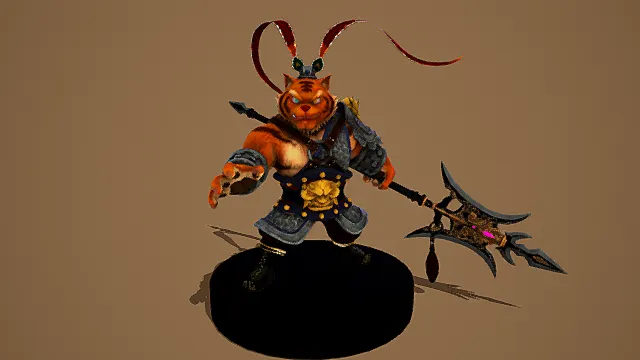 卡通风格3D虎妖战士模型，创意设计（卡通虎妖战士、3D模型、虎形外观、中式盔甲、长柄武器、棕色背景、独特造型 ）