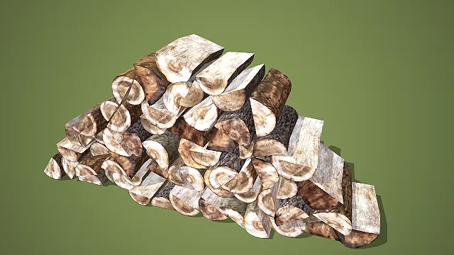 锥形堆叠圆木片与木段混合柴堆 3D 场景装饰模型