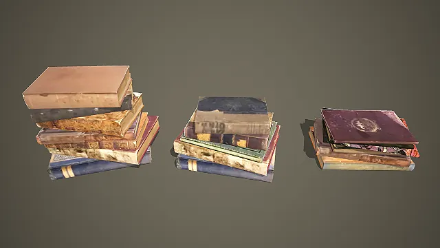三堆不同高度复古做旧书堆 3D 场景道具模型