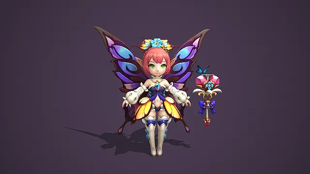 卡通 Q 版紫蝶翼花芯精灵少女带宝石法杖 3D 游戏角色模型