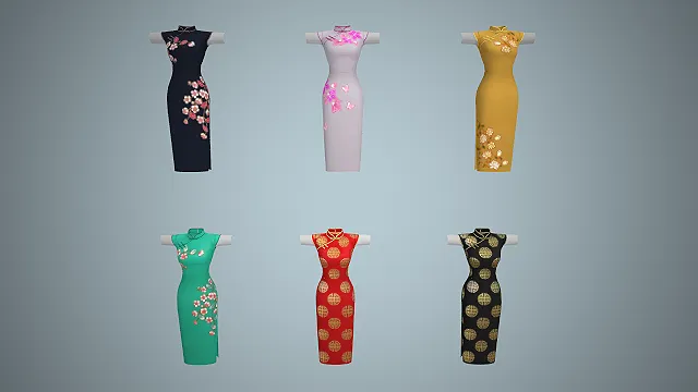 旗袍模型  立领盘扣  国风旗袍  传统纹样  开叉设计