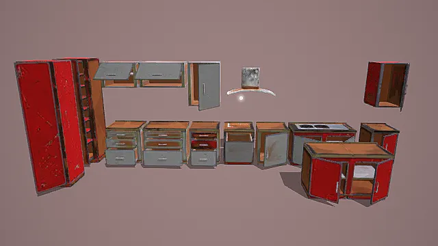 复古风格旧厨房家具套装3D模型