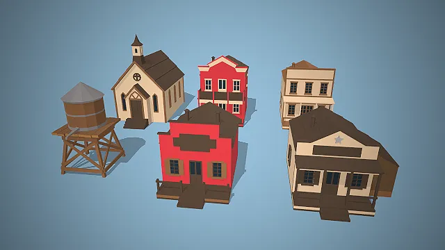 一套低模多边形风格的，西部小镇建筑3D模型