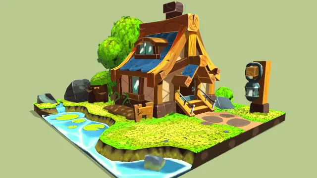 卡通风格木屋建筑房屋场景河流