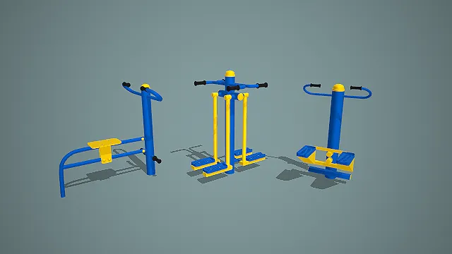 蓝黄配色坐式蹬力器、双人踏步机与单人漫步机组合 3D 模型