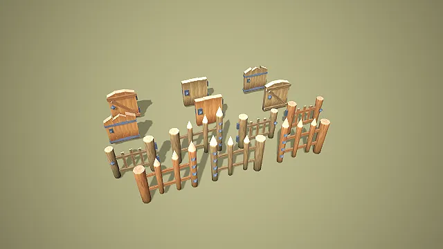 卡通风格带多形态木门防御型木栅栏 3D 低多边形场景装饰模型