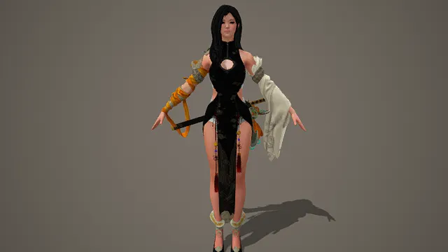 卡通风格3D武侠风女子模型，创意设计（卡通武侠女子、3D模型、黑色镂空旗袍式服饰、橙色缠绕臂饰、白色不对称袖摆）