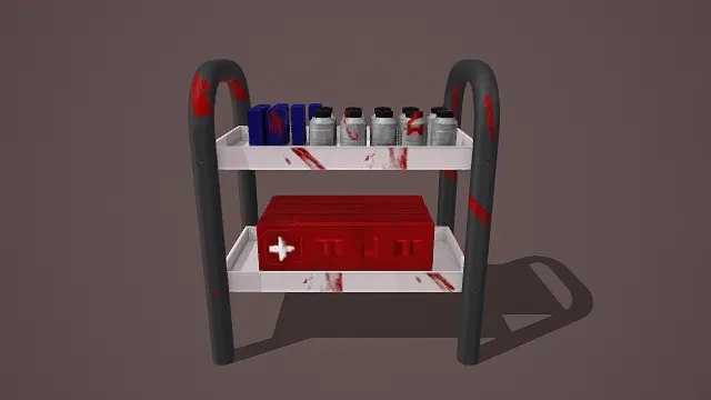 卡通风格3D医疗推车模型（带血迹元素），创意设计（卡通医疗推车、3D模型、双层推车造型、蓝盒与带血迹白瓶、红医疗箱）