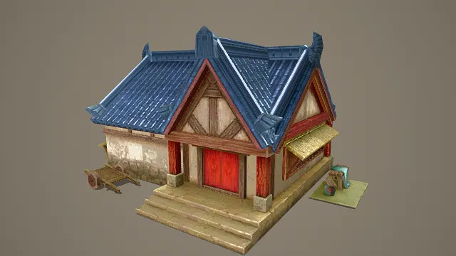 3D卡通风格中式单层民居模型，创意设计（3D建筑、卡通风格、古朴雅致，文化/民居主题，物品元素）