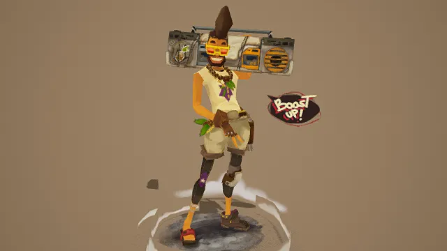 卡通风格3D潮流人物模型，创意设计（卡通潮流人物、3D模型、爆炸头造型、背大收音机、花衬衫、短裤、护膝、凉鞋）