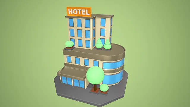 卡通风格多层酒店建筑 3D 低多边形城市场景装饰模型