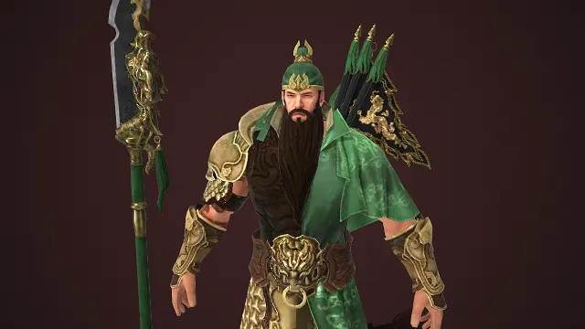 游戏角色  三国元素  忠义武圣  蜀将  金纹绿甲  青龙偃月刀  武圣关羽  威严气场