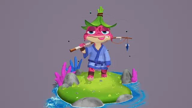 3D卡通风格奇幻蜥蜴角色场景模型，创意设计（3D角色场景、卡通风格、悠闲治愈，奇幻场景主题）