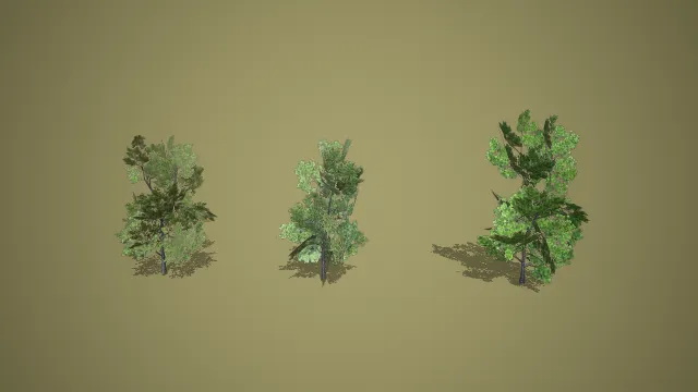 多形态阔叶小树组合 3D 低多边形户外景观场景装饰模型
