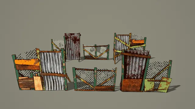 3D卡通风废旧围栏组合模型，创意设计（3D场景、卡通风格、复古粗犷，工业主题，场景元素）