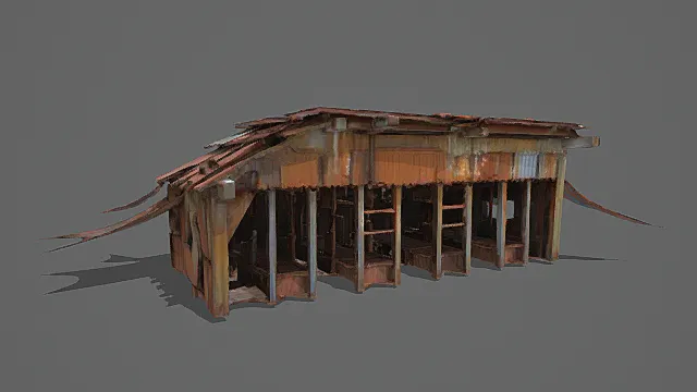 废土废墟风锈蚀铁皮棚屋3D模型