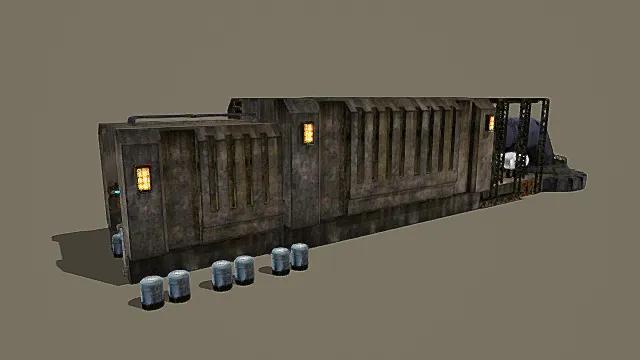 复古做旧工业建筑与蓝色油桶组合