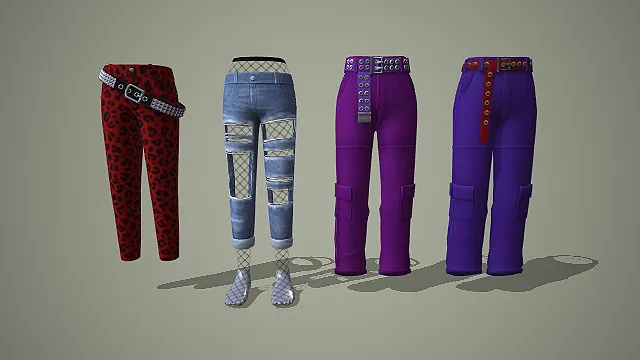 红豹纹破洞渔网紫工装多风格长裤组合 3D 模型