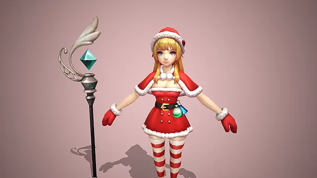 卡通写实风圣诞装炼金法师少女带绿晶法杖 3D 游戏角色模型