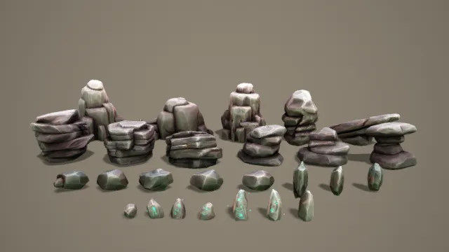 卡通风格3D岩石模型组，创意设计（卡通岩石模型组、3D模型、灰绿主色调、多样岩石形态、带纹理与晶体细节）