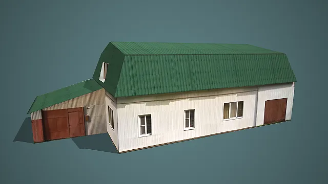 白墙配绿顶带阁楼及附属小屋的乡村复式平房建筑 3D 场景模型