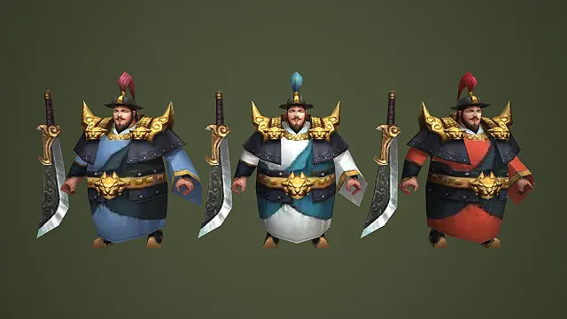 三色兽面肩甲胖武将配大刀角色模型