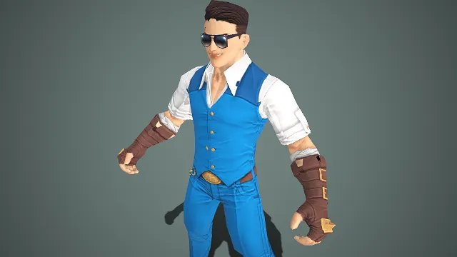 白衬蓝马甲：武装护腕的都市斗士  都市风格  力量型游戏角色  肌肉  时尚感  格斗属性