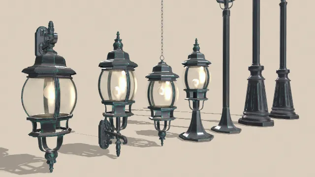 一组欧式风格的路灯3D模型，整体设计典雅复古