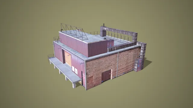 双层砖混工业厂房带装卸平台 3D 低多边形场景模型