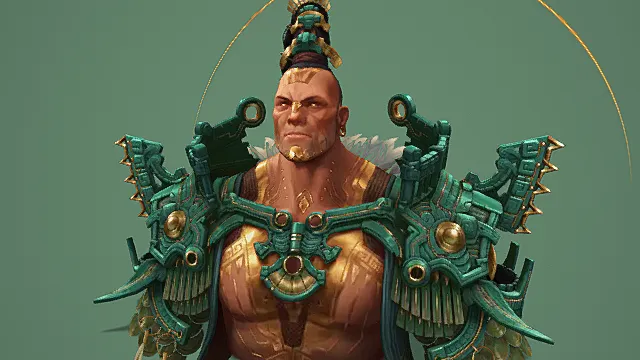 奇幻风格3D人物角色模型，创意设计（奇幻人物、3D模型、金色装饰、绿色铠甲、白色羽毛、独特造型 ）