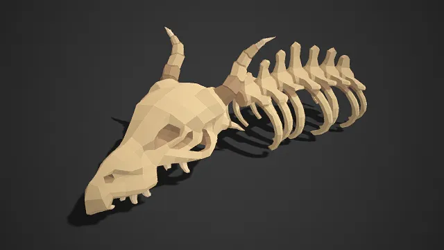 低多边形  角兽类骨骼  浅黄色调  装饰性摆件  线条简洁硬朗  兽类特征