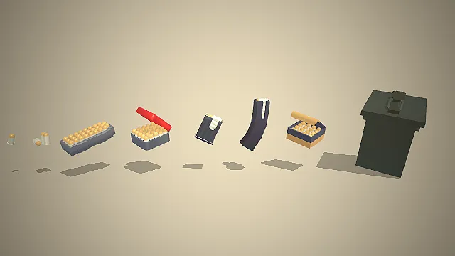 不同形式的低模风格的散弹、子弹盒、弹匣和弹药箱等3D模型