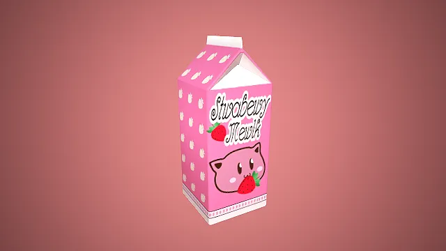 卡通粉色草莓猫咪牛奶盒 3D 场景装饰模型