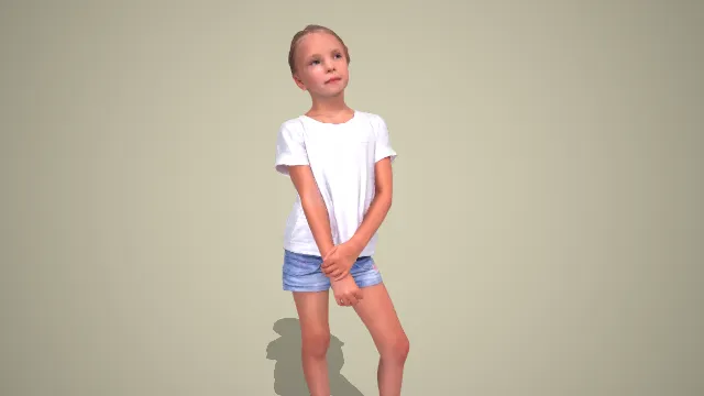 白条纹 T 恤牛仔短裤女孩交臂站姿 3D 模型