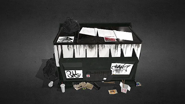 一个写实风格的3D工业垃圾桶模型，街头废土质感