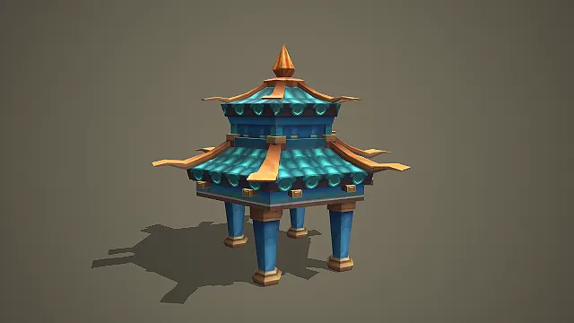 卡通风格两层六角中式凉亭游戏建筑模型